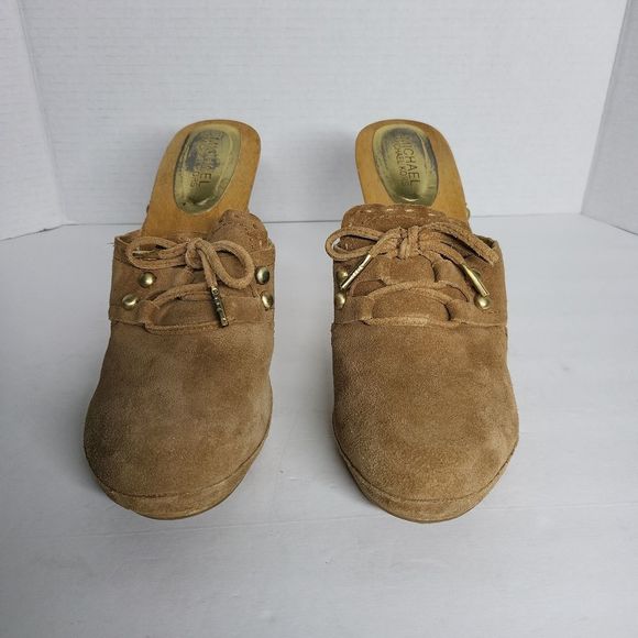 Michael Kors Brown Suede Leather & Wood Slide Heel Platform Mules Size 11 M - Picture 3 of 9